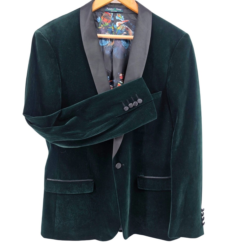 Paisley & Gray Mens 42R Slim Fit Green Velvet Shawl Lapel Tuxedo Blazer Jacket